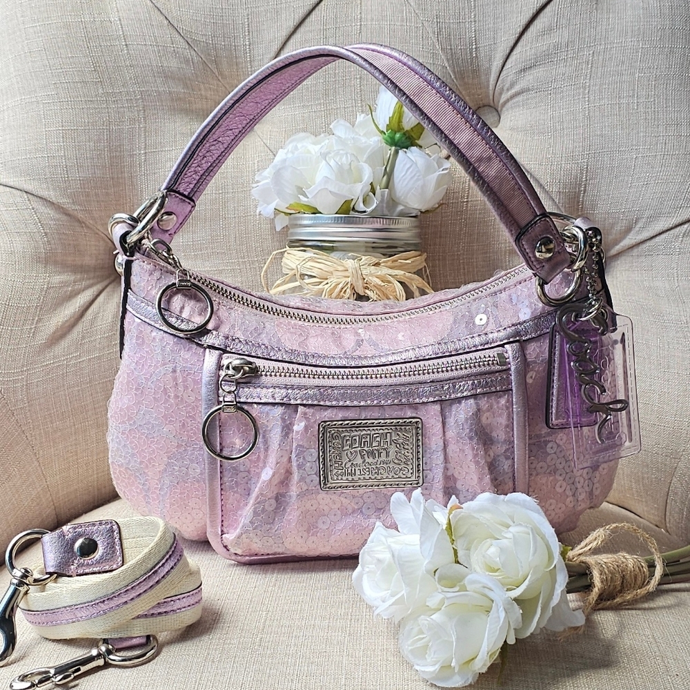 Coach Poppy Signature Jacquard Sequin Shoulder Bag Purse ( Lilac / Pink )